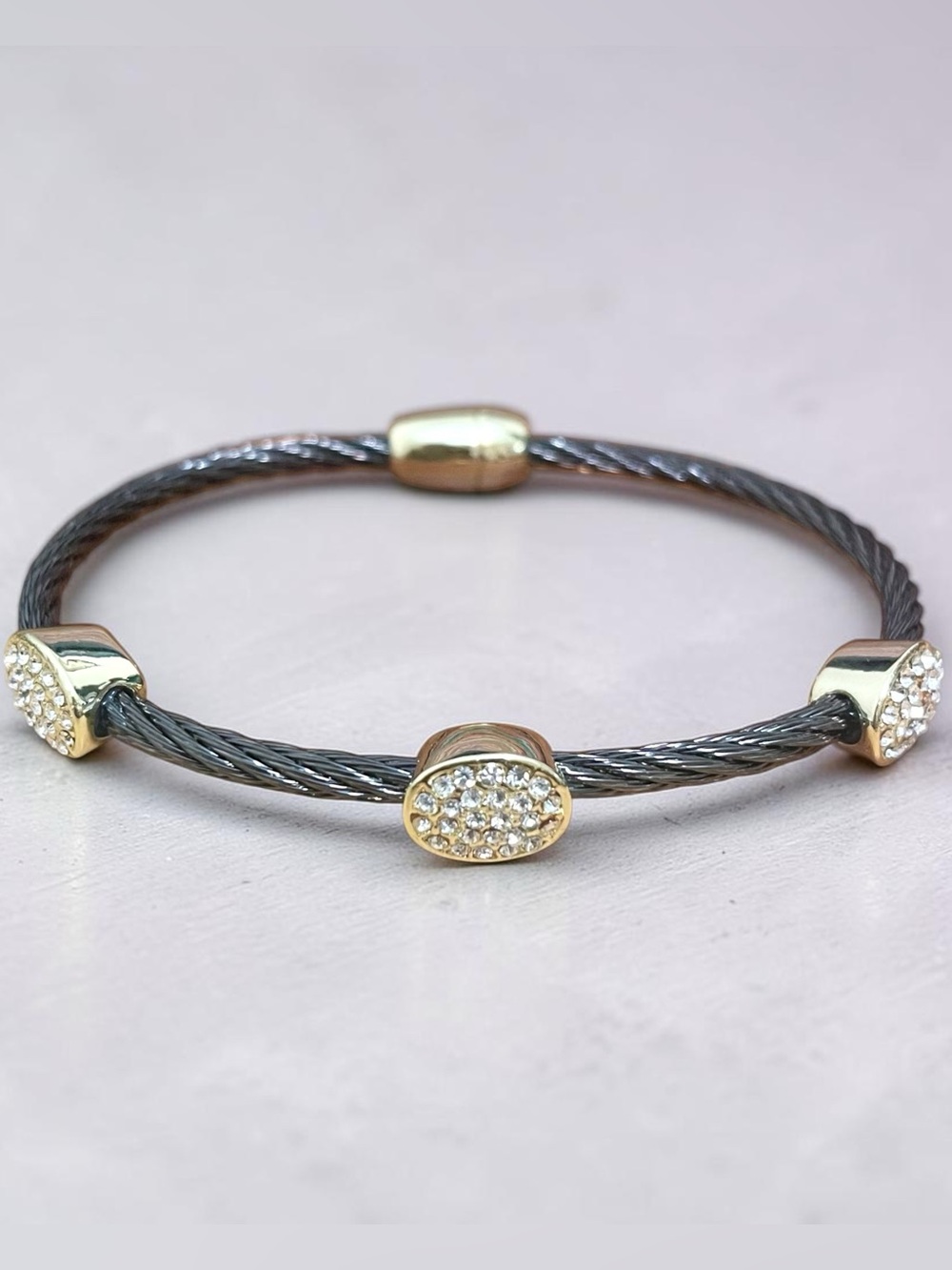 Black Rhodium and Gold Plated CZ Magnetic Twisted Cable Station Bracelet NWOT